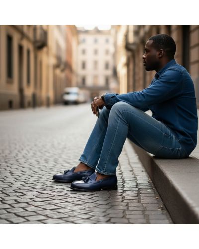 Mocassin à pompons Berwick 4340 cuir bleu marine