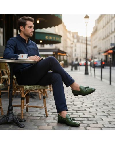 Mocassin à pompons Center 51 3136 Will cuir façon python vert