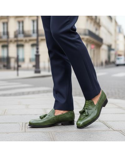 Mocassin à pompons Center 51 3136 Will cuir façon python vert