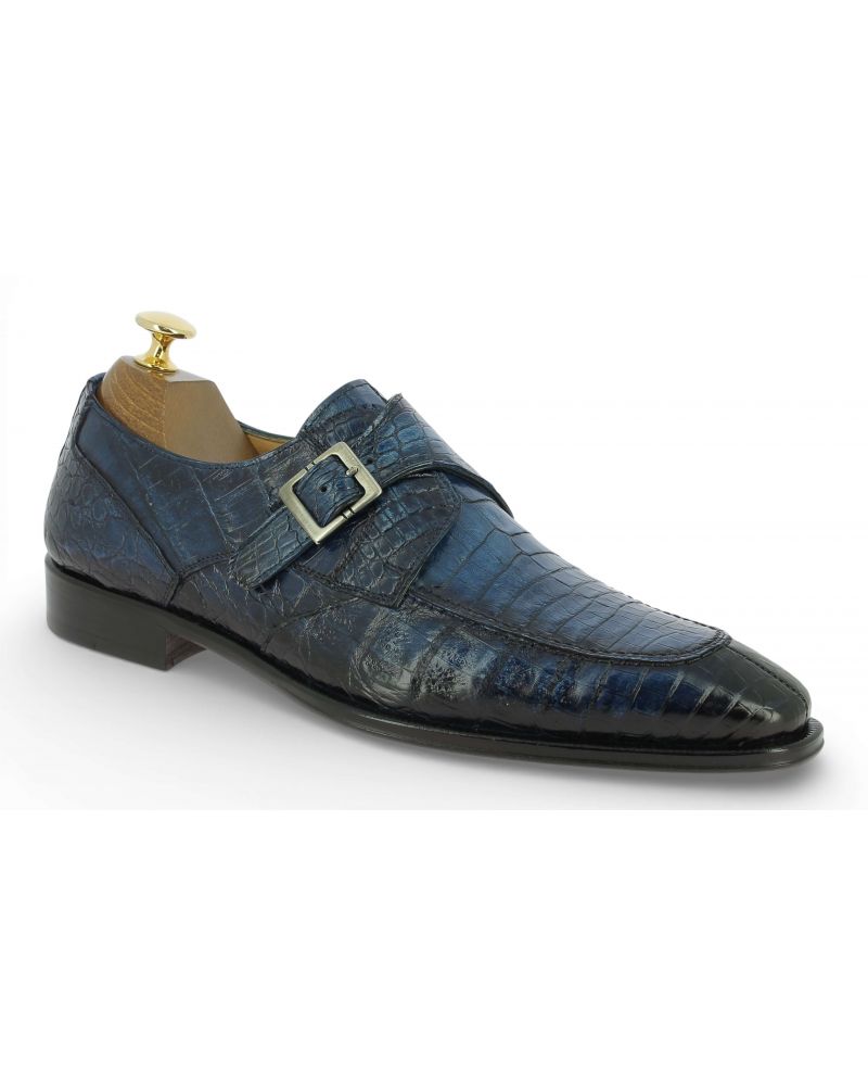 Chaussure à boucle Mezlan 50148 véritable croco bleu marine
