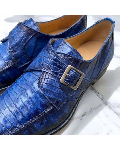 Chaussure à boucle Mezlan 50148 véritable croco bleu marine