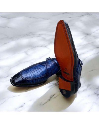 Chaussure à boucle Mezlan 50148 véritable croco bleu marine