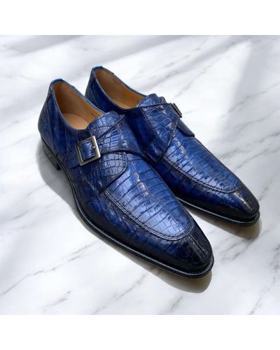 Chaussure à boucle Mezlan 50148 véritable croco bleu marine