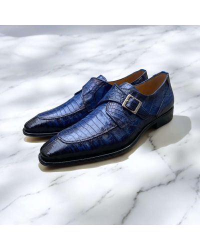 Chaussure à boucle Mezlan 50148 véritable croco bleu marine