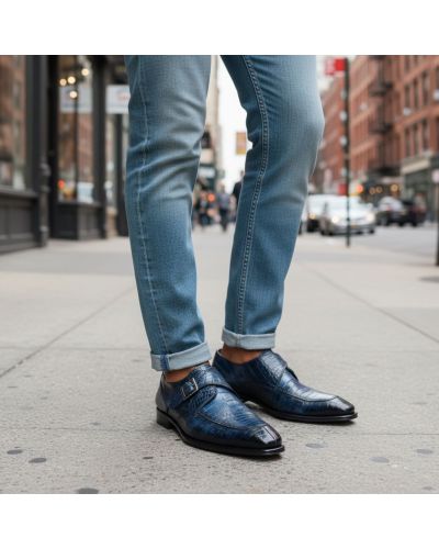 Chaussure à boucle Mezlan 50148 véritable croco bleu marine