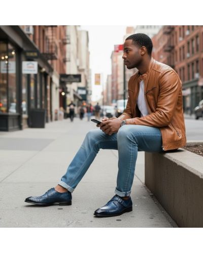 Chaussure à boucle Mezlan 50148 véritable croco bleu marine