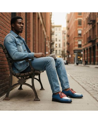 Derby John Mendson 8172 Bob cuir multicolore bleu blanc rouge avec frange