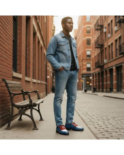 Derby John Mendson 8172 Bob cuir multicolore bleu blanc rouge avec frange