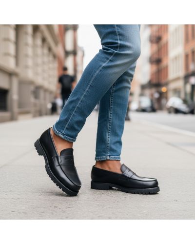 Mocassin John Mendson 15100 semelle gomme commando cuir noir