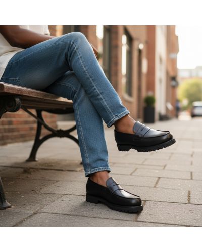 Mocassin John Mendson 15100 semelle gomme commando cuir noir