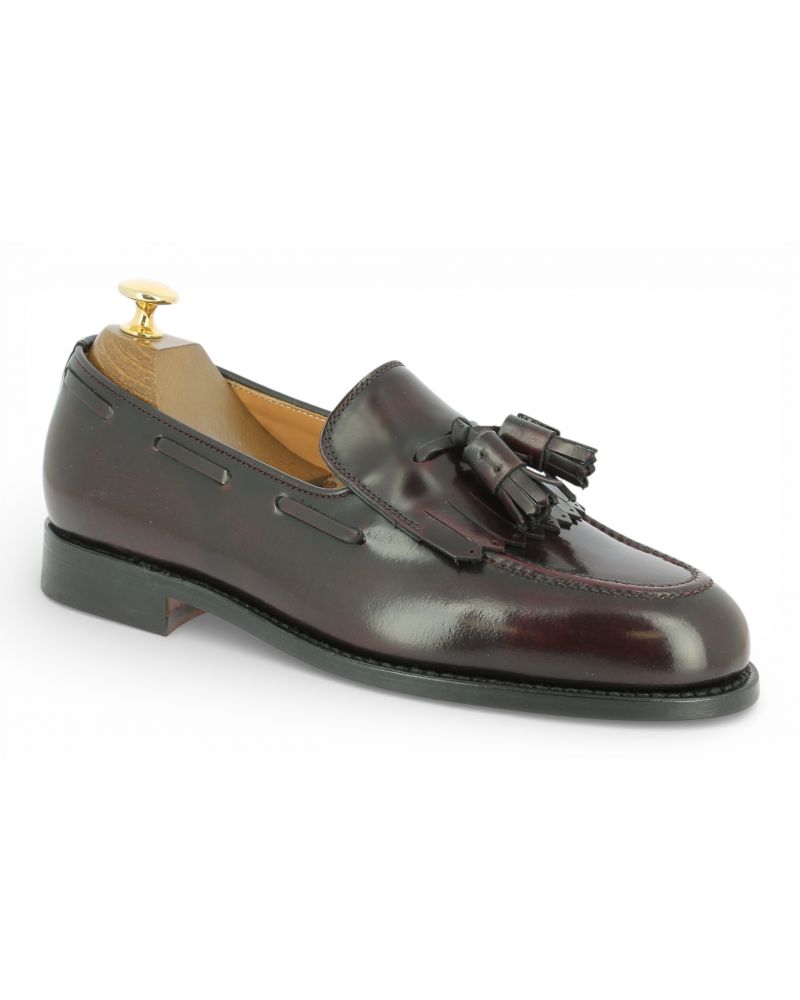 Mocassin à frange et à pompons John Mendson 14726 cuir bordeaux polido