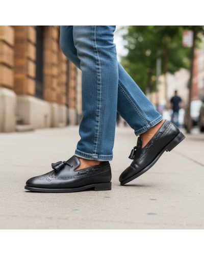 Loafer with tassels and perforation John Mendson 10552 black leather