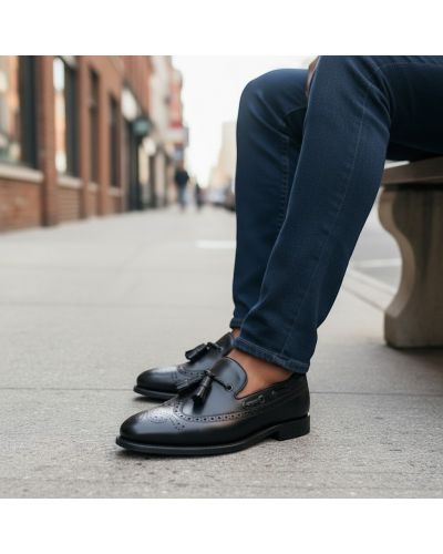 Loafer with tassels and perforation John Mendson 10552 black leather