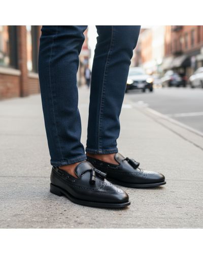 Mocassin à pompons avec perforations John Mendson 10552 cuir noir