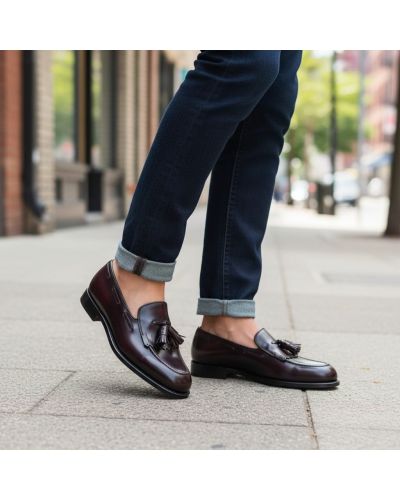 Mocassin à frange et à pompons John Mendson 14726 cuir bordeaux polido