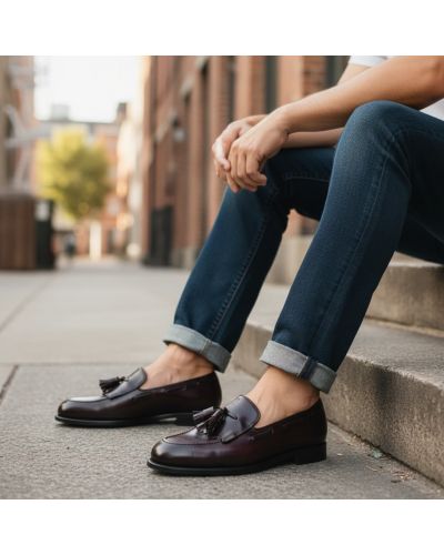 Mocassin à frange et à pompons John Mendson 14726 cuir bordeaux polido