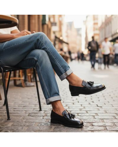 Mocassin à frange et à pompons John Mendson 14726 cuir noir polido