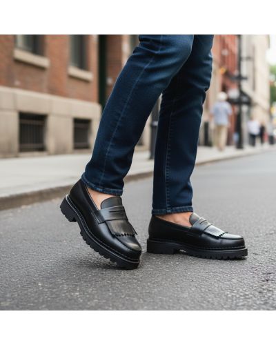 Loafer with fringe John Mendson 14843 with commando rubber sole in black leather