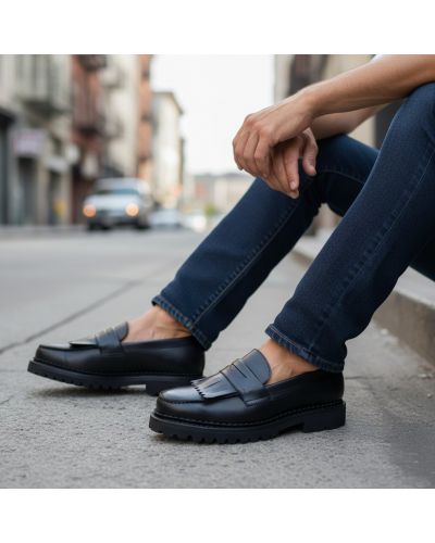 Mocassin à frange John Mendson 14843 semelle gomme commando cuir noir