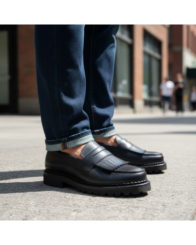 Mocassin à frange John Mendson 14843 semelle gomme commando cuir noir