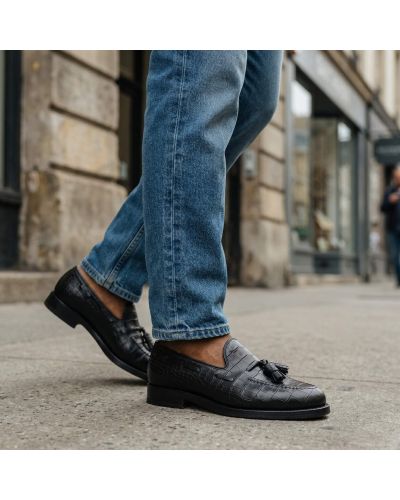 Moccasin with Pompons John Mendson 14305 black croco-effect embossed leather