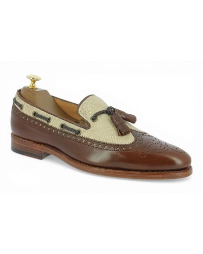 Loafer with tassels and perforation John Mendson 10552 brown leather and beige canvas