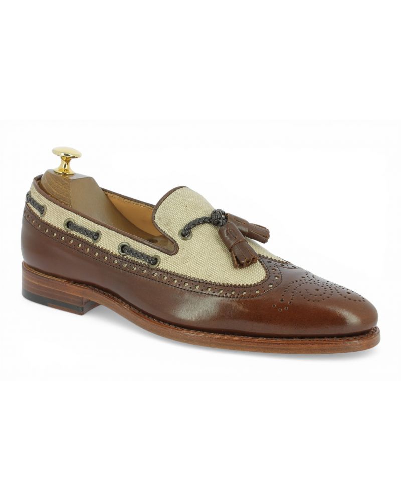 Loafer with tassels and perforation John Mendson 10552 brown leather and beige canvas