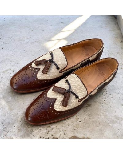 Loafer with tassels and perforation John Mendson 10552 brown leather and beige canvas
