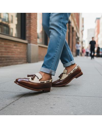 Loafer with tassels and perforation John Mendson 10552 brown leather and beige canvas