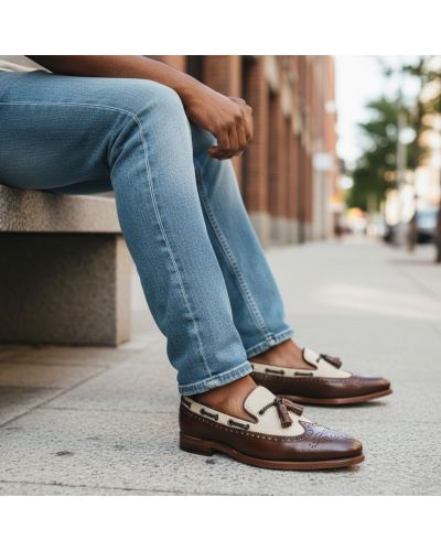 Loafer with tassels and perforation John Mendson 10552 brown leather and beige canvas