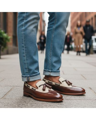 Loafer with tassels and perforation John Mendson 10552 brown leather and beige canvas