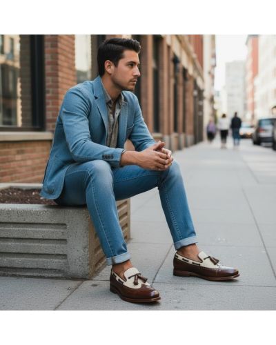 Loafer with tassels and perforation John Mendson 10552 brown leather and beige canvas