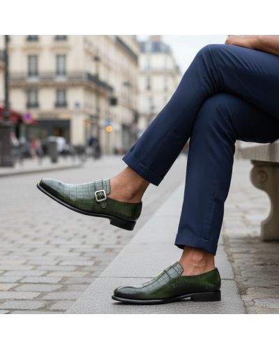 Chaussure à boucle Berwick 3520 cuir façon crocodile vert