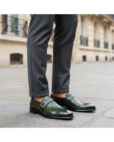 Chaussure à boucle Berwick 3520 cuir façon crocodile vert