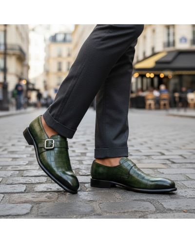 Chaussure à boucle Berwick 3520 cuir façon crocodile vert