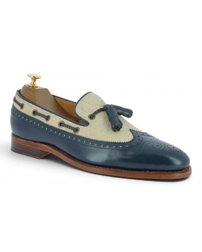 Mocassin à pompons avec perforations John Mendson 10552 cuir marine et toile beige