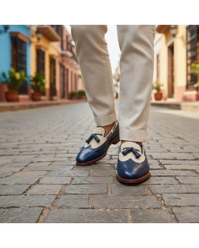 Mocassin à pompons avec perforations John Mendson 10552 cuir marine et toile beige