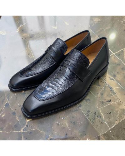 Mocassin Mezlan 50260 cuir noir et véritable autruche noir
