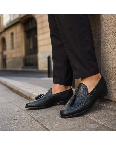 Mocassin à pompons Center 51 3136 Will cuir façon lézard noir