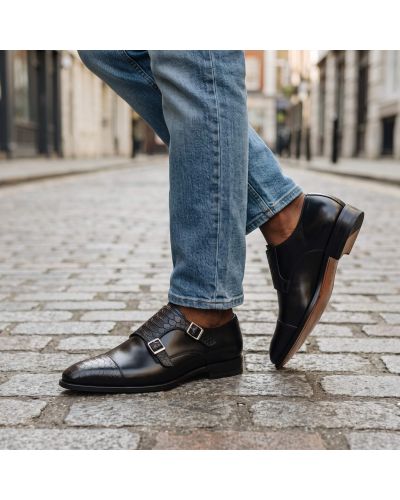 Chaussure à double boucles Center 51 13220 bi-matière cuir noir et façon python noir