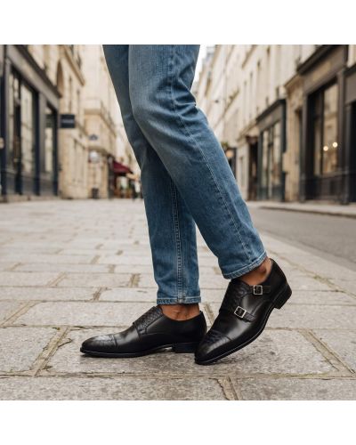 Chaussure à double boucles Center 51 13220 bi-matière cuir noir et façon python noir