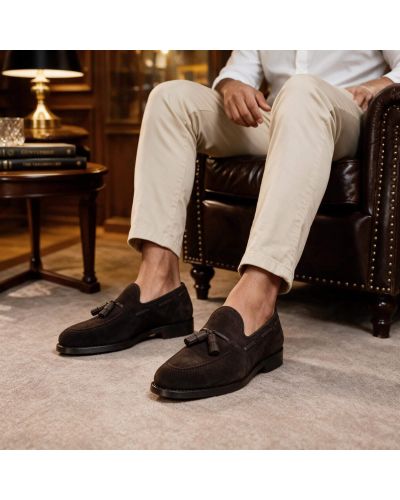 Mocassin à pompons John Mendson 14305 daim marron